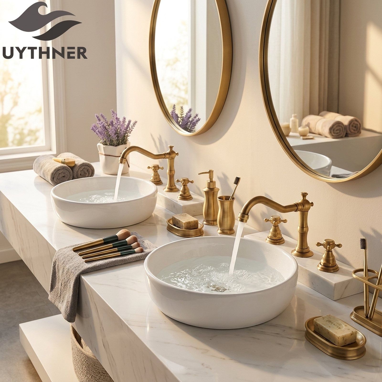 Antique brass bathroom faucet in luxury setting